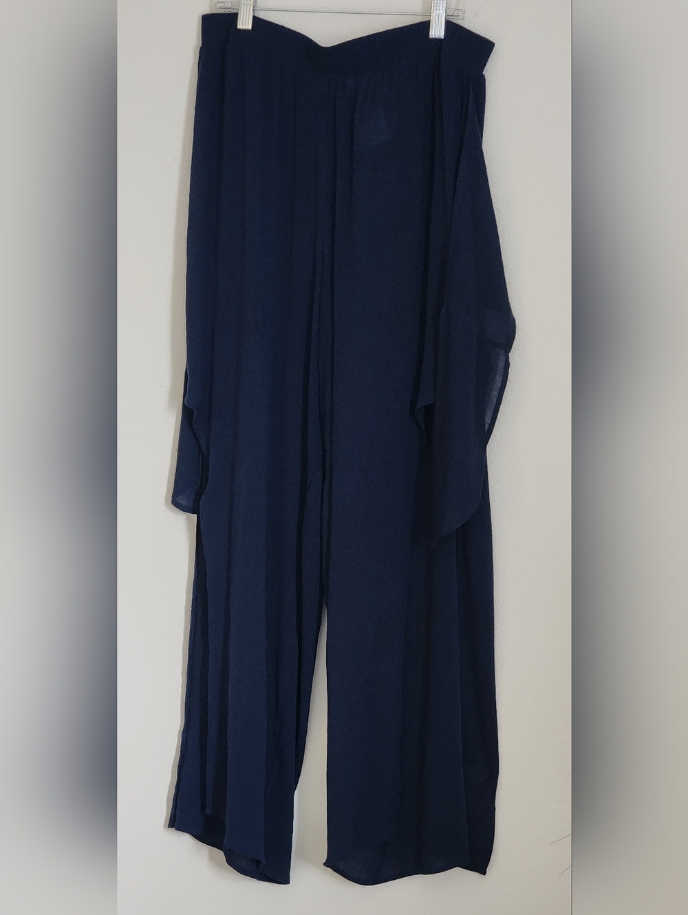 Serra Women's Semi-sheer Elastic Waist Navy Blue Pants Side Slits Front Tie Sz L